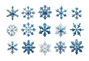 Collection of detailed snowflake illustrations in different blue tones, unique and symmetrical winter designs, frosty crystal patterns isolated on transparent background for seasonal decor