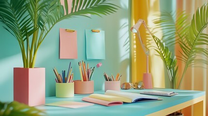 Pastel Desk with Palm Trees and Colorful Stationery