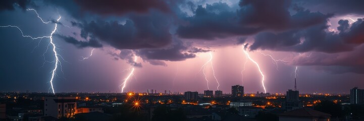Lightning strikes over a city during a stormy night
