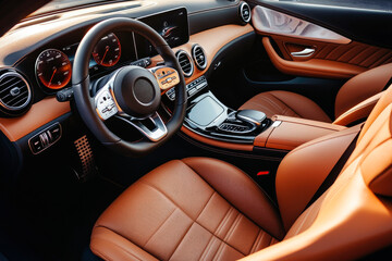 Modern car interior with the comfortable leather seats, multimedia, and digital dashboard.