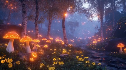 Fototapeta premium Enchanted Forest Path with Glowing Mushrooms.