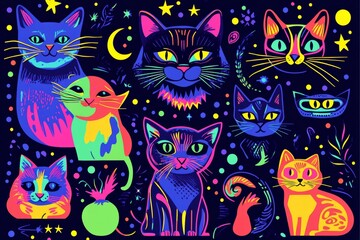 Illustration with a cat facial expression, close up pop art portrait, a group of colored horses