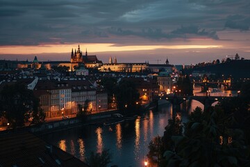 Fototapeta premium A cityscape at night with a river flowing through the scene, ideal for use as a background or in urban design projects