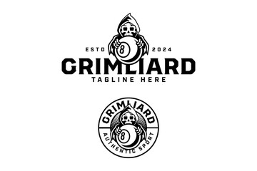 8 billiard ball with dark skull reaper outline logo design. billiard black ball 8 with grim reaper line art logo design set. grim billiard ball illustration logo for billiard sport club and tournament