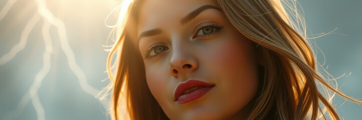 A woman with long brown hair and red lipstick looks into the distance, bathed in golden sunlight