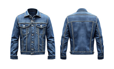 Naklejka premium Front and back view of dark blue denim jacket isolated on transparent background, classic fashion outerwear apparel for casual clothing and stylish wardrobe themes