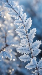 Obraz premium Close-up of frosted leaves on a branch in winter sunlight. Macro photography