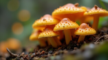 Obraz premium Cluster of orange spiky mushrooms growing on forest floor with blurred background