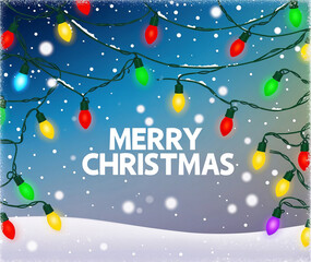 Fototapeta premium Merry Christmas Greeting with Colorful Holiday Lights on a Snowy Winter Background, Ideal for Festive Seasonal Decor