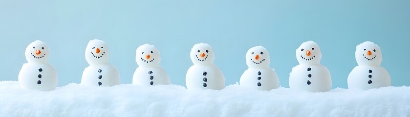 Seven Cheerful Snowmen Standing in a Row on Snowy Ground