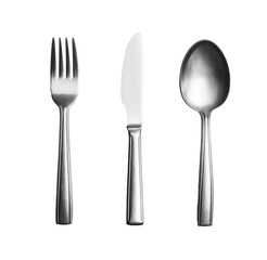 Stainless steel fork, knife, and spoon set, isolated on transparent background, modern silverware, dining utensils, kitchen essentials, minimalist flatware, tableware design, metal cutlery