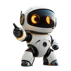 Cute futuristic robot character pointing with arm raised, sleek white and gold design, AI technology concept, isolated on transparent background, friendly droid, artificial intelligence