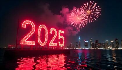 Happy New Year 2025 Neon Celebration Over City Skyline with Fireworks in 4K