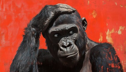 Fototapeta premium Gorilla with hand on head, looking sad, against a red wall background.