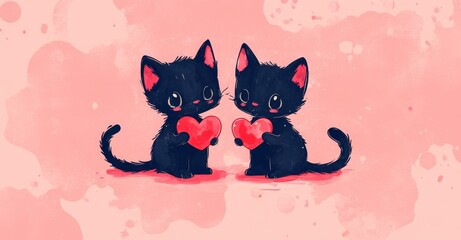 A pink romantic background with hearts symbolizes love and affection, with two adorable black cats holding hearts