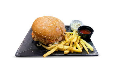 Sesame Bun Chicken Burger with Fries, Coleslaw, and Dip