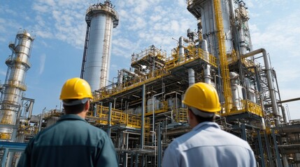 Engineers inspecting automation systems in industrial plant to improve production efficiency