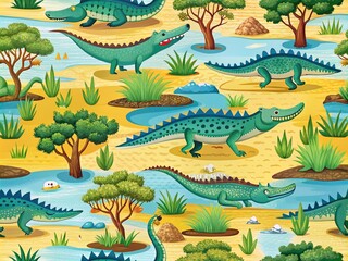 Cute Crocodiles and African Nature Elements Seamless Pattern Vector Illustration for Fun and Creative Design Projects