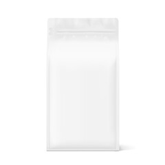 Vertical flat bottom gusset bag with tear off zipper mockup. Front view. High realistic. Vector illustration isolated on white background. Ready for use in presentation, promo, advertising. EPS10.