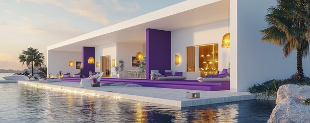 Ultra realistic 3D waterfront home, modern with purple outdoor accents and golden lights.