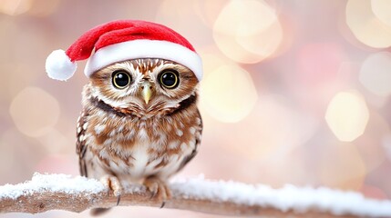 Obraz premium Christmas animals outfit winter concept. A festive owl wearing a Santa hat sits on a snowy branch, surrounded by a soft, blurred winter background.
