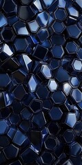 A close-up of dark blue metal hexagons with a glossy finish, arranged in an orderly pattern.