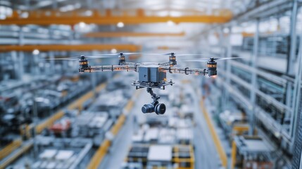 Naklejka premium Close-up of drones flying to inspect operations in an industrial factory, using AI to assess the status of machines