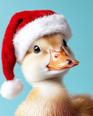 A cute duckling wearing a festive Santa hat against a blue background, embodying a whimsical holiday spirit.