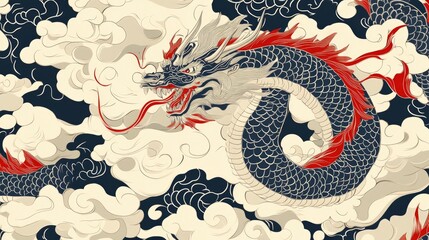 A traditional Japanese dragon with red and blue scales, flying among clouds.