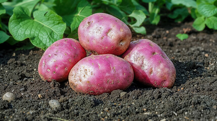 pommes de terre roses pos&eacute;es sur de la terre dans un champ