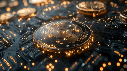 Quantum-Resistant Cryptocurrency: Gold Circuit Board Digital Coin Background