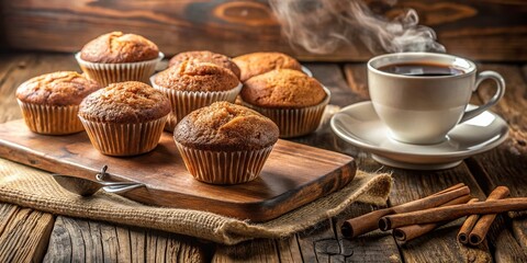 Delicious Bran Muffins and Coffee on Rustic Wooden Board - Perfect Breakfast Setup for Healthy Eating and Morning Rituals
