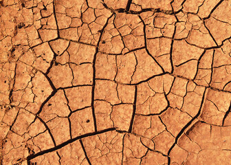 Texture of the dried earth with red clay and sand. Hiking through Fuerteventura. Canary Islands, Spain.