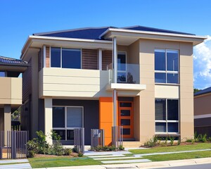 Fototapeta premium Sydney's modern suburban home with beige walls and tangerine detailing under a blue sky.