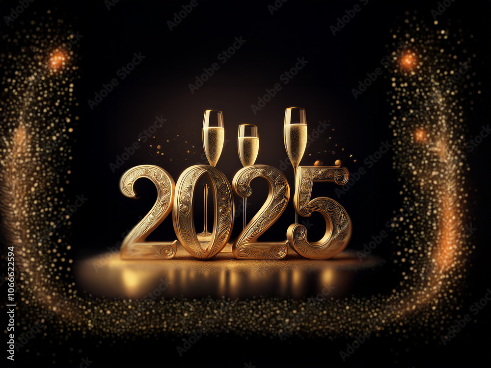 Poster a sparkling golden 2025 with champagne glasses in front of it, set against a black background with a