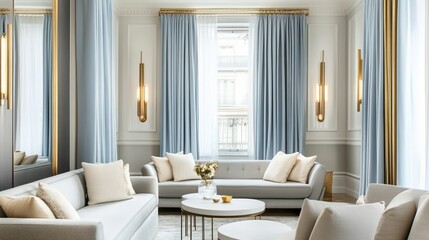 Modern Living Room with Blue Curtains, White Sofa, and Gold Accents