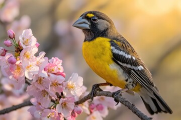Fototapeta premium A bird perched on a tree branch, with bright yellow and black plumage