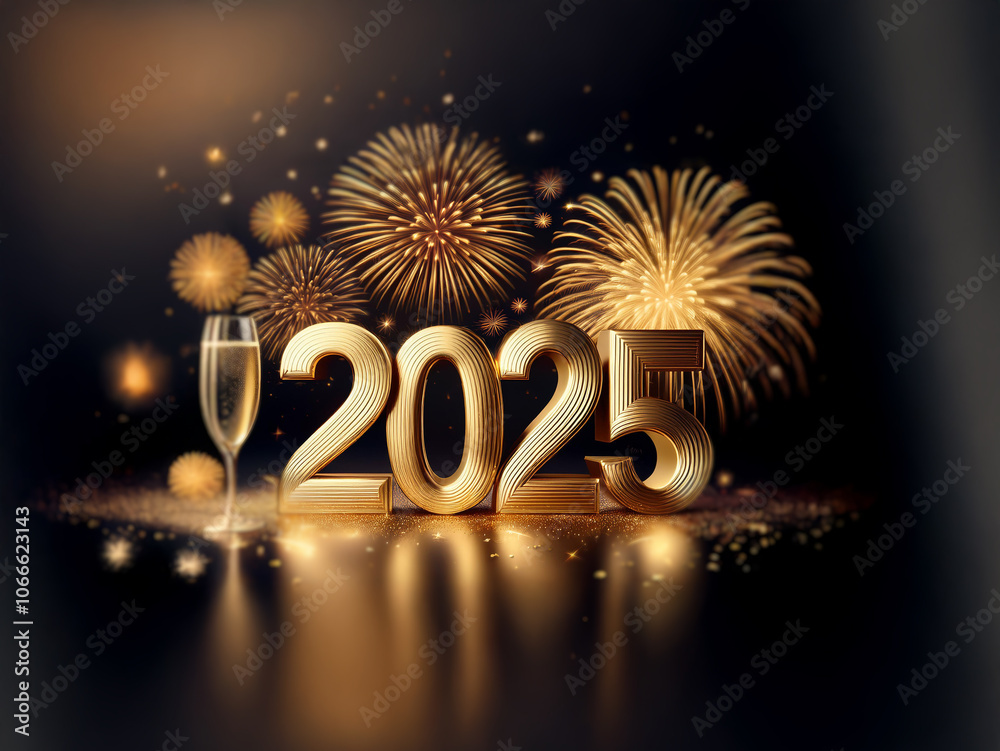 Poster a glass of champagne sits before sparkling gold 2025 numerals with a fireworks display in the backgr
