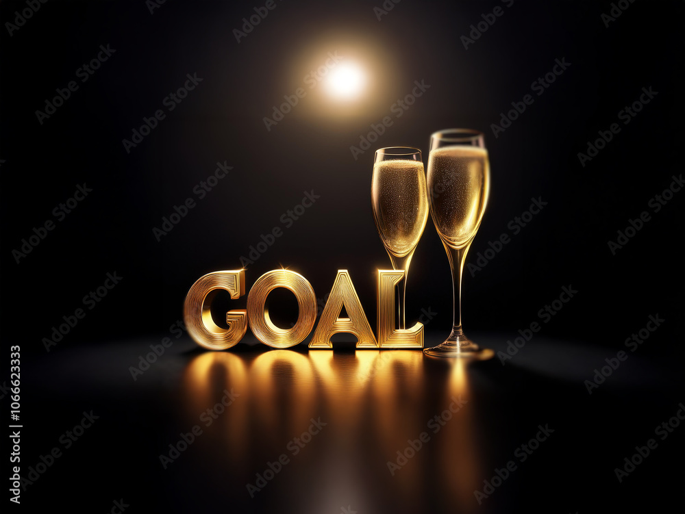 Poster two champagne flutes filled with bubbly stand to the right of the word goal in gold, rendered in 3d 