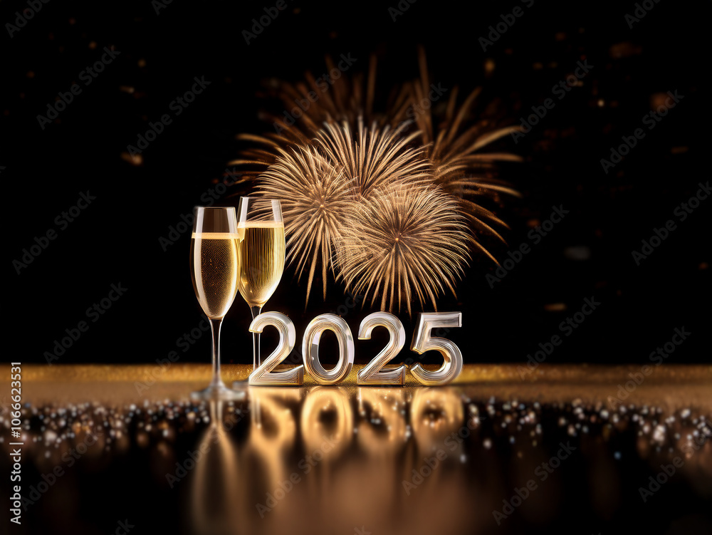 Poster two champagne flutes sit beside the silver numerals 