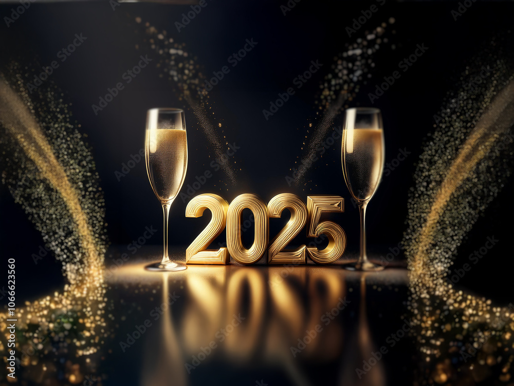 Poster Two champagne flutes filled with sparkling wine stand on either side of the golden number 2025 against a dark background with glittering streams of light.