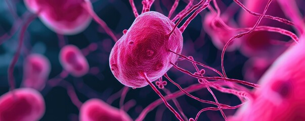 A vibrant, abstract depiction of microscopic cells with intricate structures, showcasing a vivid pink hue against a dark background.