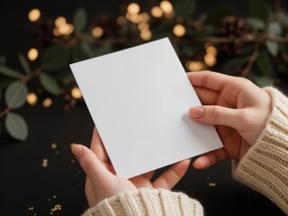 blank 5x7 card mockup held by woman hand in cozy knit sleeve, with festive bokeh, christmas tree, and scandinavian boho vibes, exuding warm, photorealistic hygge ambiance