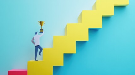 Abstract paper figure climbing stairs with a trophy on top, representing ambition, growth, and professional accomplishment