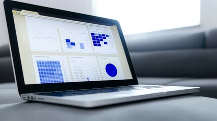 Laptop with Data Analysis Charts on Screen