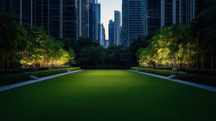 Modern urban park with lush green space nestled among towering high-rise buildings in a bustling city.