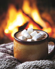Close-up of hot cocoa with marshmallows by a crackling fireplace