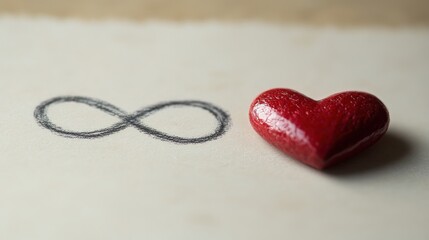An infinity symbol paired with a small heart on a white paper symbolizes lasting and never-ending love