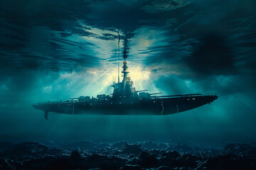 Fototapeta premium Beautiful large submarine floating in middle of ocean during mission
