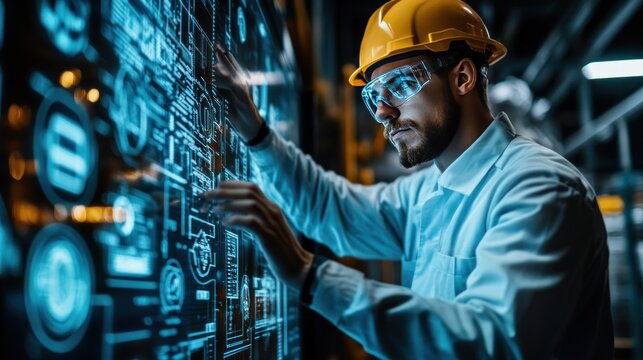 Image of food processing engineer controlling production system on digital display in factory